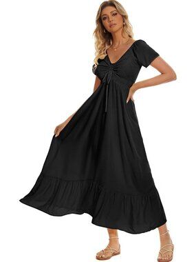 Women Solid Black Floral Smocked Maxi Boho Flowy Tiered A-Line Party Long Dress